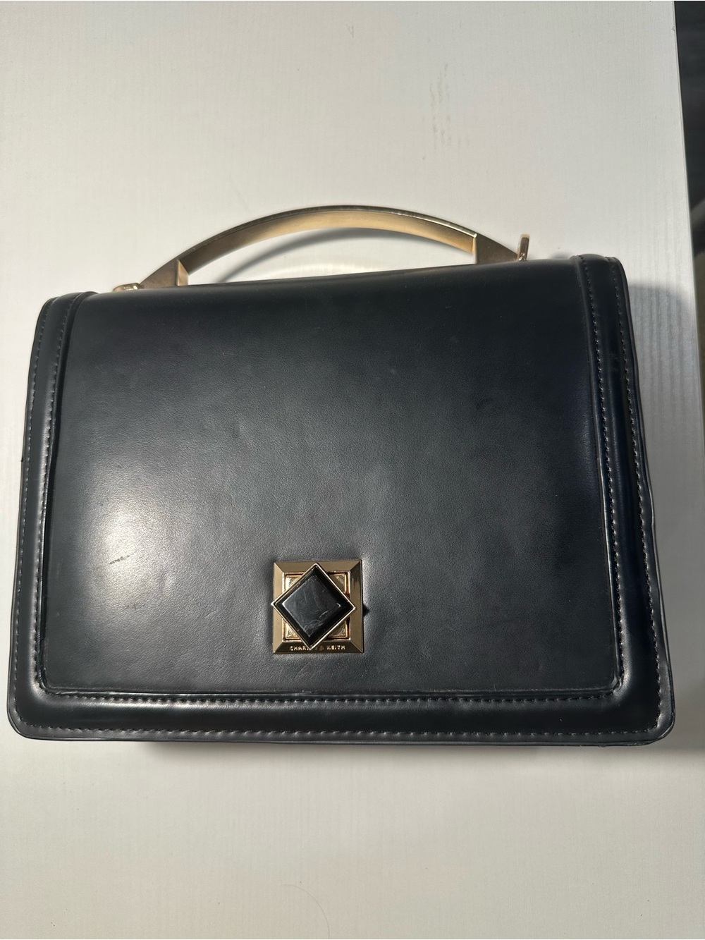 Charles & Keith Black Leather Top-Handle Briefcase with Gold Accent